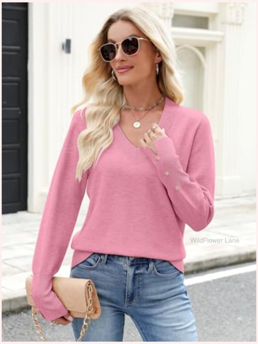 Long Sleeve V Neck Knit Pullover Sweater for Women Business Casual - Picture 4 of 7